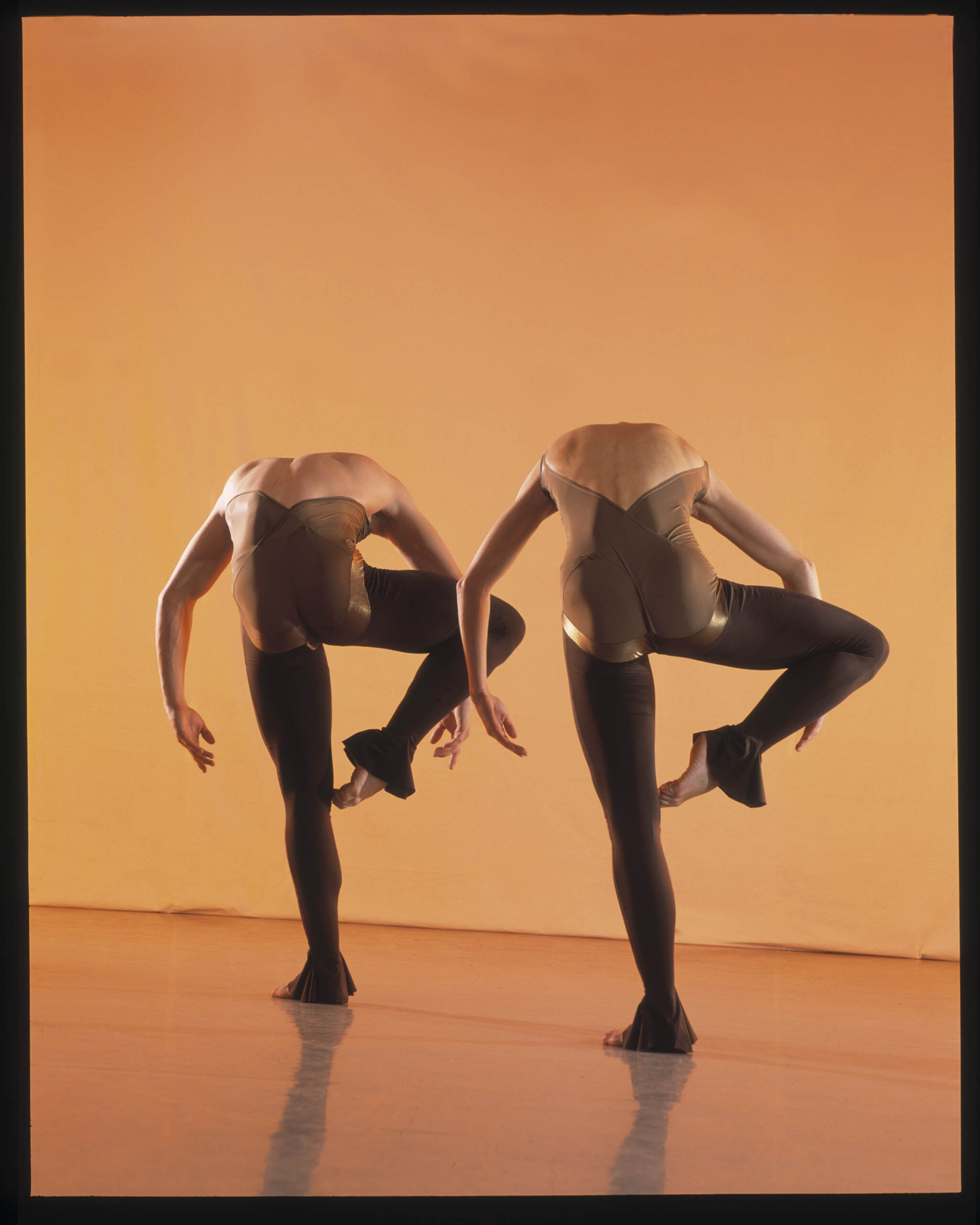 Two dancers in a pose on an orange background.