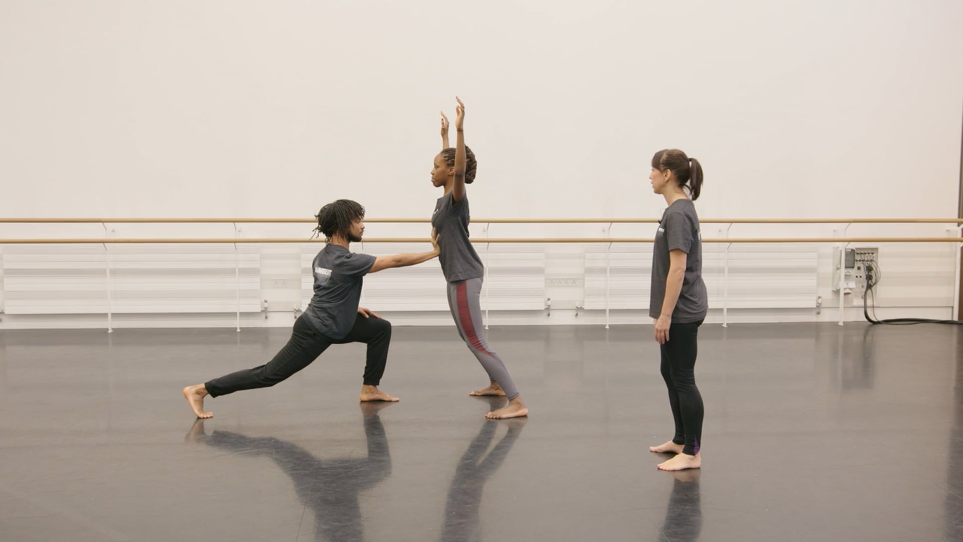 A group of dancers practicing in a dance studio.