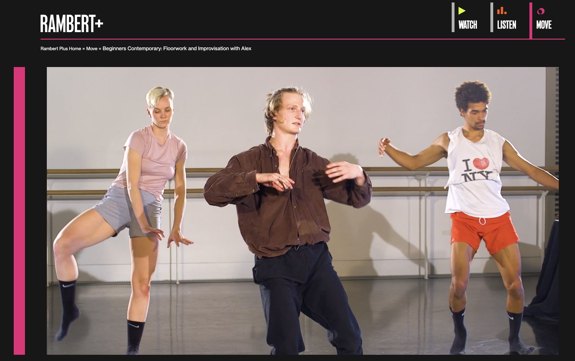 Screenshot of Rambert Plus class of improvisation with Alex