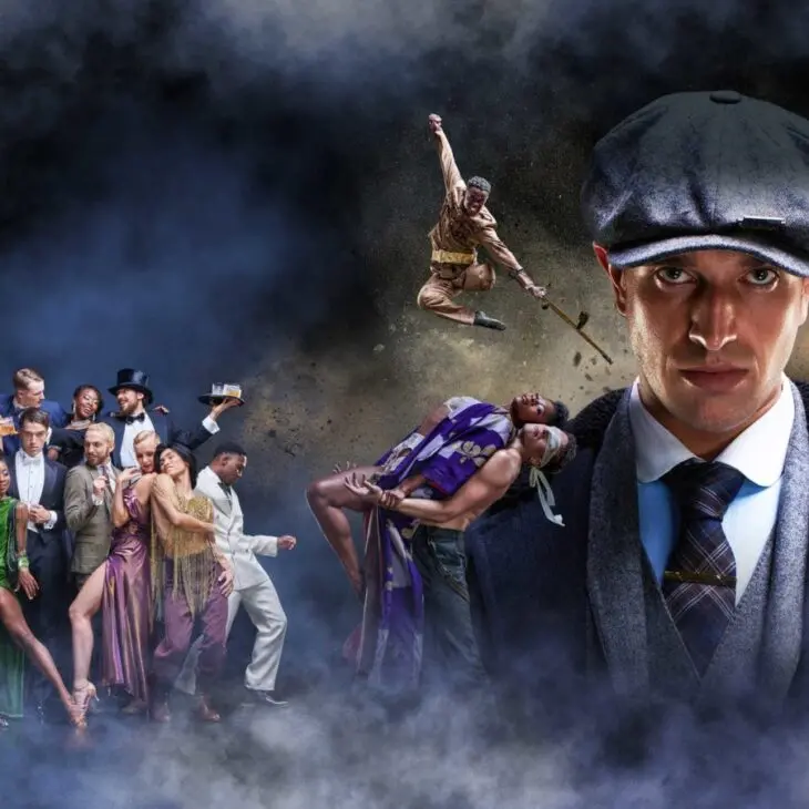 A man wearing a cap stares forward, surrounded by scenes of a group of dancers and two performers in action poses against a dramatic, smoky background.