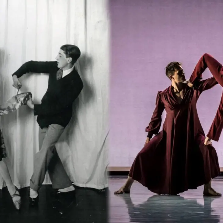 Two pairs of dancers are depicted, one in a black-and-white historical setting on the left, and the other in a modern, colorful setting on the right. Both pairs strike dynamic poses.