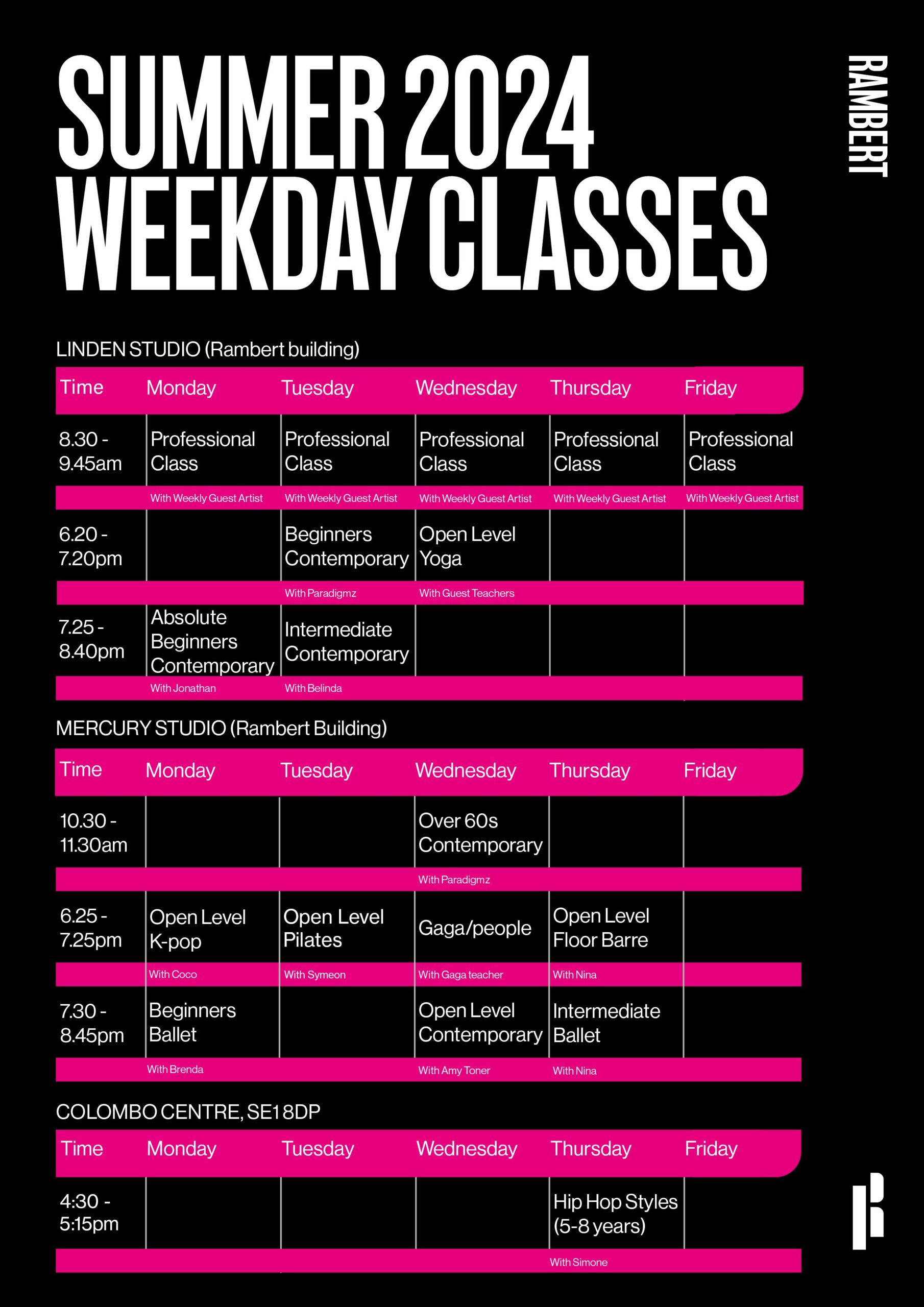 Class schedule for summer 2024, showing weekday sessions across three venues: Linden Studio, Mercury Studio, and Colombo Centre. Sessions include yoga, pilates, dance, and styles like Afrobeat and Hip Hop.