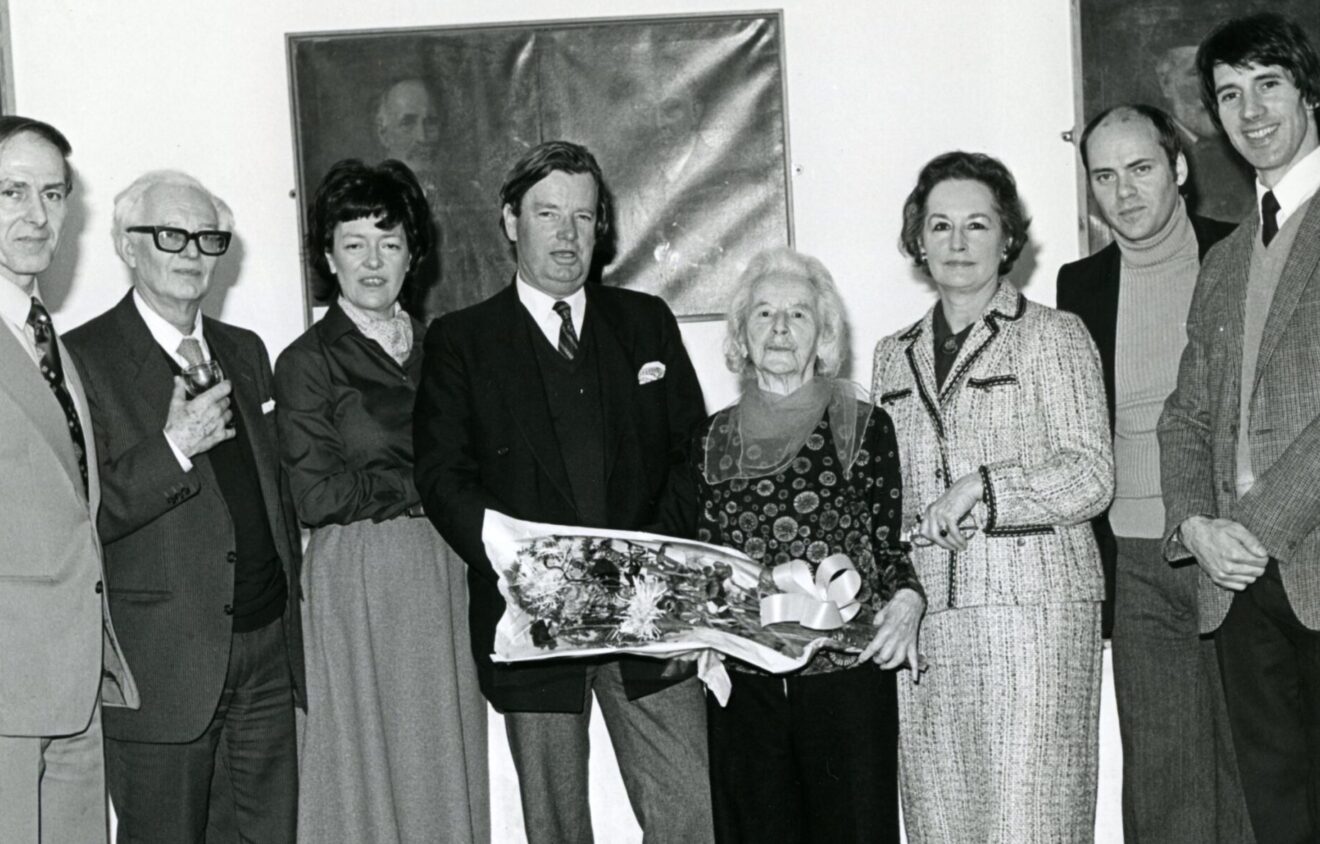 Marie Rambert and Charles Worthington (center) with John Kane, David Ellis, Colette Clark, Brigitte Kelly, Gary Sherwood and Robert North.