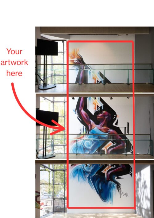 mock up of wall with artwork and an arrow that says 'your artwork here'
