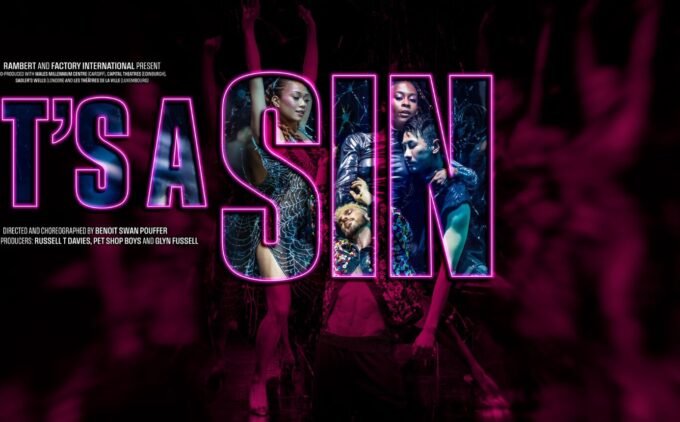 It's a Sin artwork the words are spelt out on a black and pink background and three dancers are seen through the letters SIN